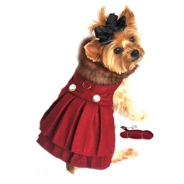 Designer Burgundy Wool Blend Classic Dog Coat Harness and Fur Collar with Matching Leash