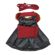 Designer Burgundy Wool Blend Classic Dog Coat Harness and Fur Collar with Matching Leash