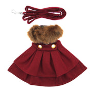 Designer Burgundy Wool Blend Classic Dog Coat Harness and Fur Collar with Matching Leash